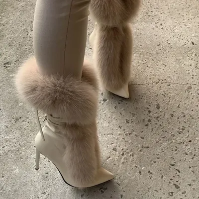 Pointed Toe Fur Mid Calf Boots Stiletto Heels Ankle Straps Fashion Warm Shoes In Winter Solid Plush Sexy Party Dress