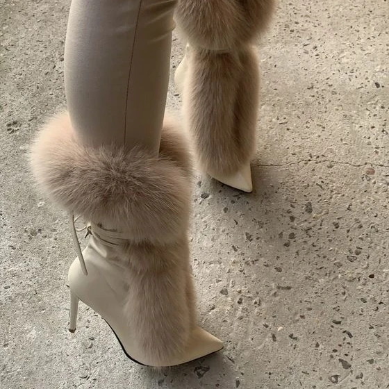 Pointed Toe Fur Mid Calf Boots Stiletto Heels Ankle Straps Fashion Warm Shoes In Winter Solid Plush Sexy Party Dress