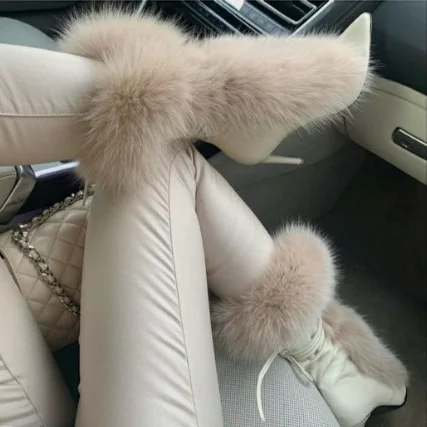 Pointed Toe Fur Mid Calf Boots Stiletto Heels Ankle Straps Fashion Warm Shoes In Winter Solid Plush Sexy Party Dress