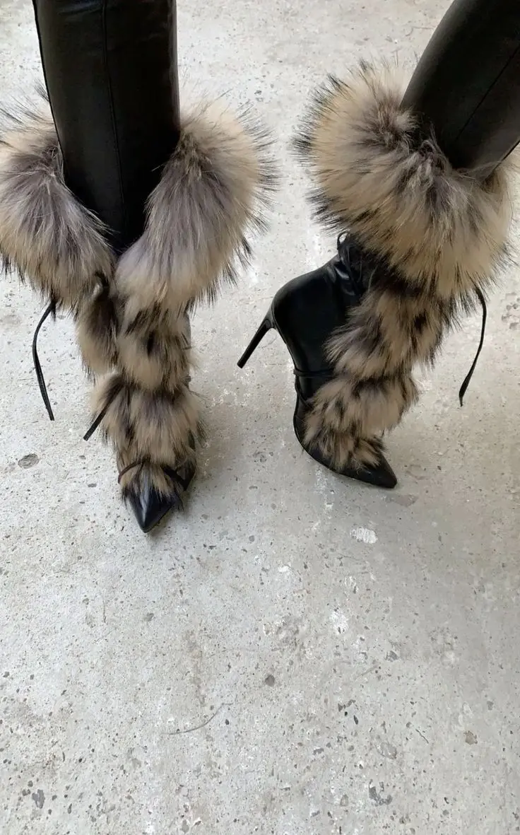 Pointed Toe Fur Mid Calf Boots Stiletto Heels Ankle Straps Fashion Warm Shoes In Winter Solid Plush Sexy Party Dress
