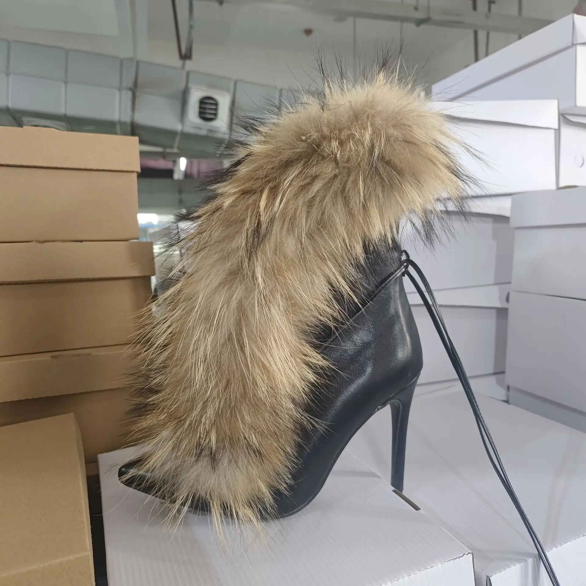 Pointed Toe Fur Mid Calf Boots Stiletto Heels Ankle Straps Fashion Warm Shoes In Winter Solid Plush Sexy Party Dress