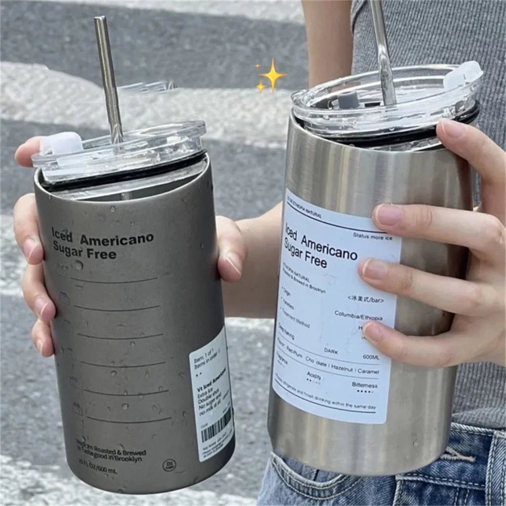 Portable 600ml Thermos Cup 304 Stainless Steel Coffee Mug Thermal Leak-proof Water Bottle with Straw Insulated Bottle Portable 600ml Thermos Cup 304 Stainless Steel Coffee Mug Thermal Leak-proof Water Bottle with Straw Insulated Bottle