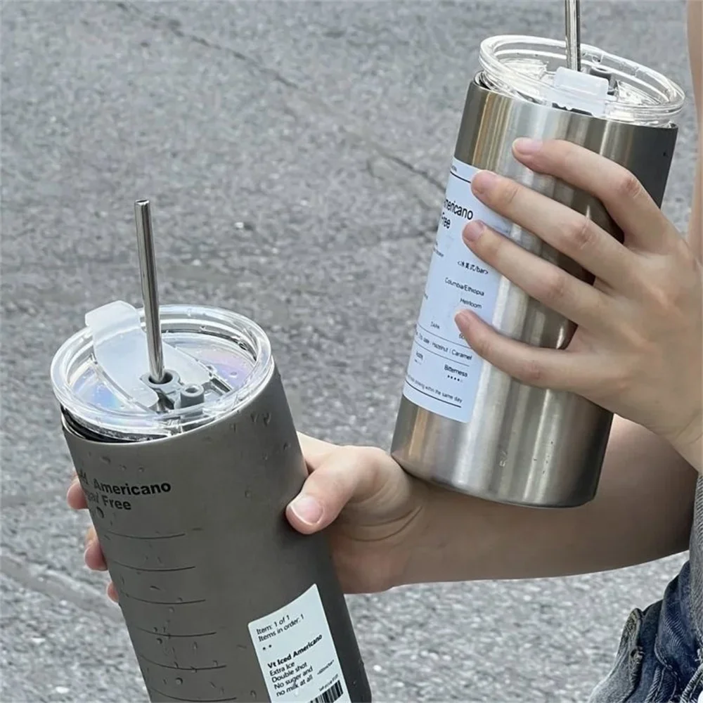 Portable 600ml Thermos Cup 304 Stainless Steel Coffee Mug Thermal Leak-proof Water Bottle with Straw Insulated Bottle Portable 600ml Thermos Cup 304 Stainless Steel Coffee Mug Thermal Leak-proof Water Bottle with Straw Insulated Bottle