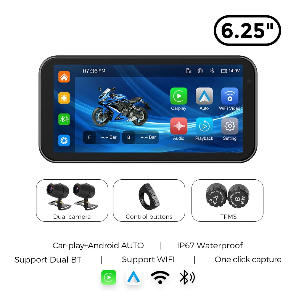 Portable 6.25 inch IP67 Waterproof Motorcycle GPS Navigation Wireless Carplay Android Auto DVR Drive Recorder Moto