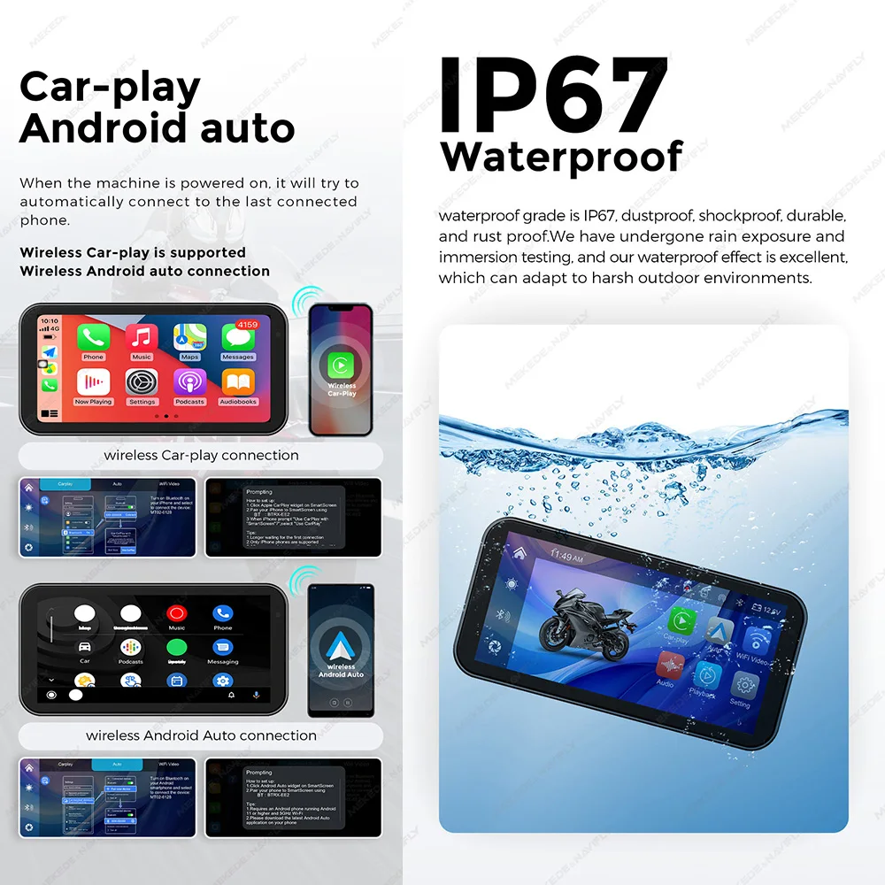 Portable 6.25 inch IP67 Waterproof Motorcycle GPS Navigation Wireless Carplay Android Auto DVR Drive Recorder Moto