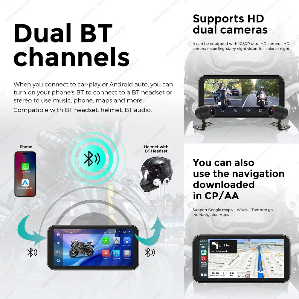 Portable 6.25 inch IP67 Waterproof Motorcycle GPS Navigation Wireless Carplay Android Auto DVR Drive Recorder Moto