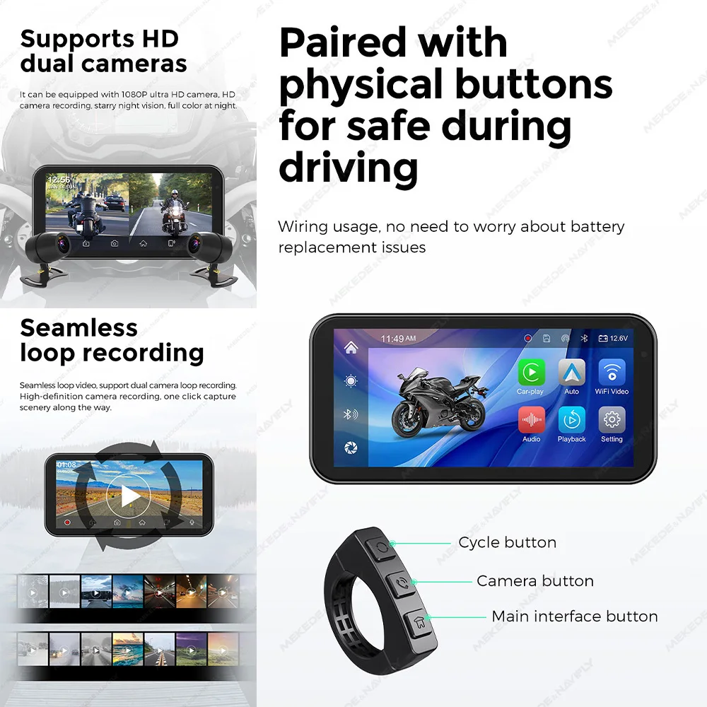 Portable 6.25 inch IP67 Waterproof Motorcycle GPS Navigation Wireless Carplay Android Auto DVR Drive Recorder Moto
