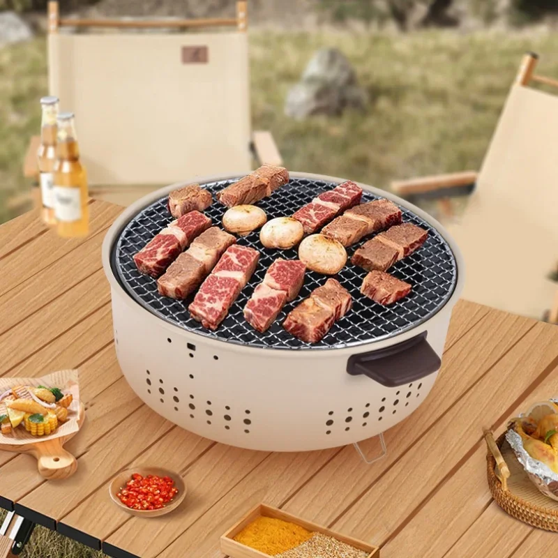 Portable Barbecue Grill Korean Charcoal Stove Stainless Steel Split BBQ Stove Round Non-stick Barbecue Rack For Outdoor