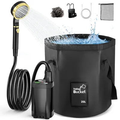 Portable Camping Shower with Rechargeable Pump 7800mAh Outdoor Shower Kit 20L Foldable Bag for Travel, Garden and Car