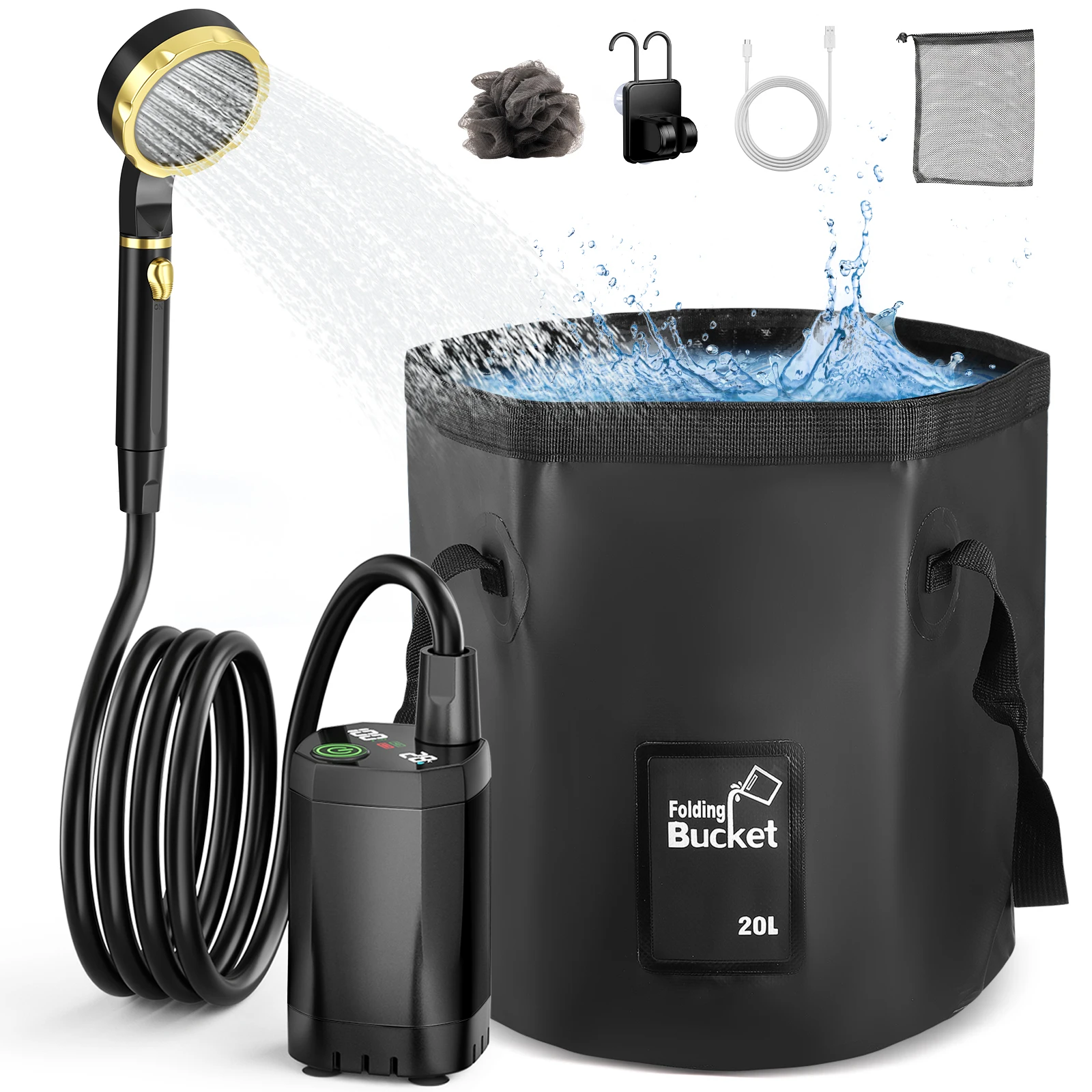 Portable Camping Shower with Rechargeable Pump 7800mAh Outdoor Shower Kit 20L Foldable Bag for Travel, Garden and Car Portable Camping Shower with Rechargeable Pump 7800mAh Outdoor Shower Kit 20L Foldable Bag for Travel, Garden and Car