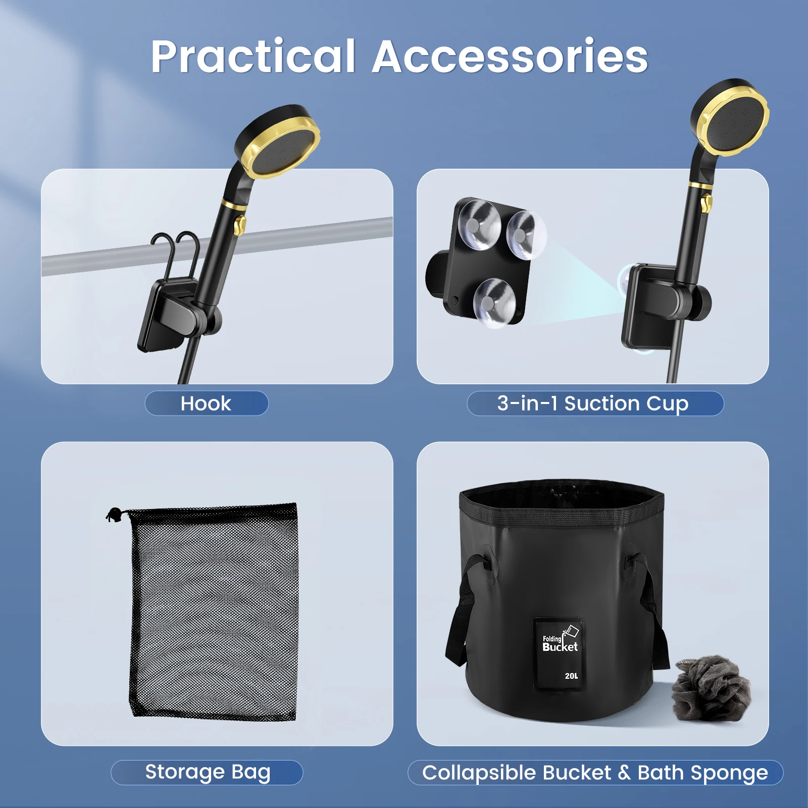 Portable Camping Shower with Rechargeable Pump 7800mAh Outdoor Shower Kit 20L Foldable Bag for Travel, Garden and Car