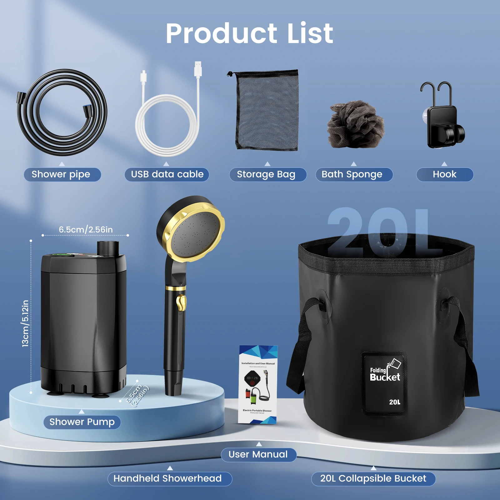 Portable Camping Shower with Rechargeable Pump 7800mAh Outdoor Shower Kit 20L Foldable Bag for Travel, Garden and Car