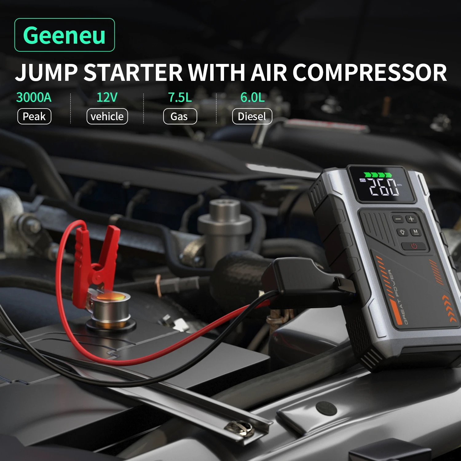 Portable Car Jump Starter With Air Compressor, 3000A Peak(7.5L Gas, 6.5L Diesel) , Jump Starter Battery PackWith150 PSl