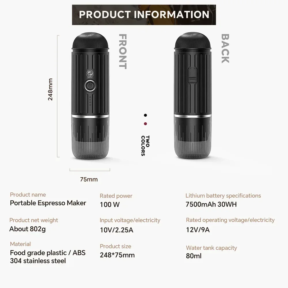 Portable Coffee Maker Electric Espresso Machine Compatible with Capsule & Ground Coffee Travel Coffee Maker for Hiking
