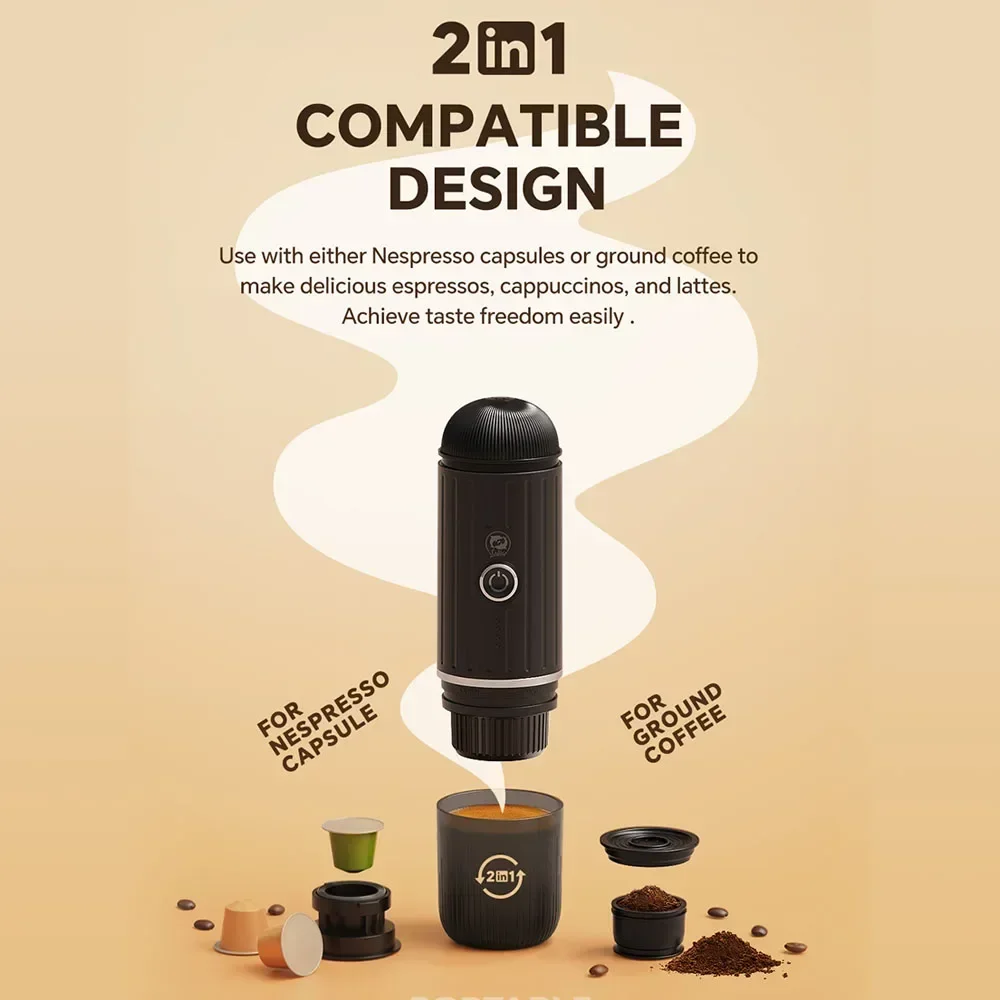 Portable Coffee Maker Electric Espresso Machine Compatible with Capsule & Ground Coffee Travel Coffee Maker for Hiking