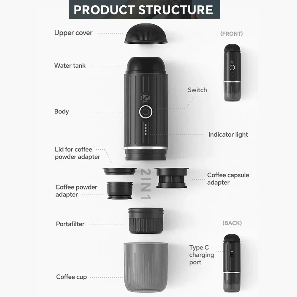 Portable Coffee Maker Electric Espresso Machine Compatible with Capsule & Ground Coffee Travel Coffee Maker for Hiking