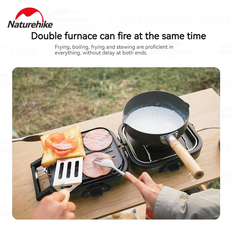 Portable Gas Camping Stove 2.5kg Ultralight Two-Burner Head 2300W Foldable Picnic BBQ Non-Stick Pan Stove Cookware