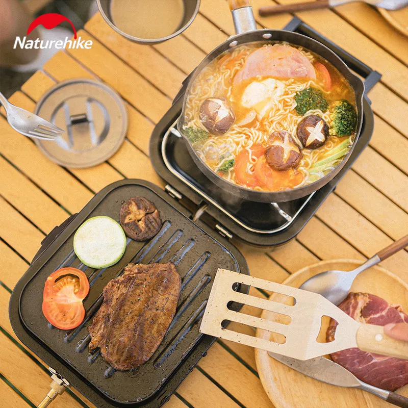 Portable Gas Camping Stove 2.5kg Ultralight Two-Burner Head 2300W Foldable Picnic BBQ Non-Stick Pan Stove Cookware