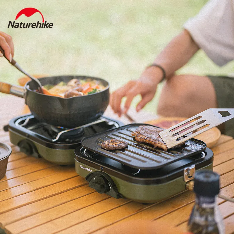 Portable Gas Camping Stove 2.5kg Ultralight Two-Burner Head 2300W Foldable Picnic BBQ Non-Stick Pan Stove Cookware