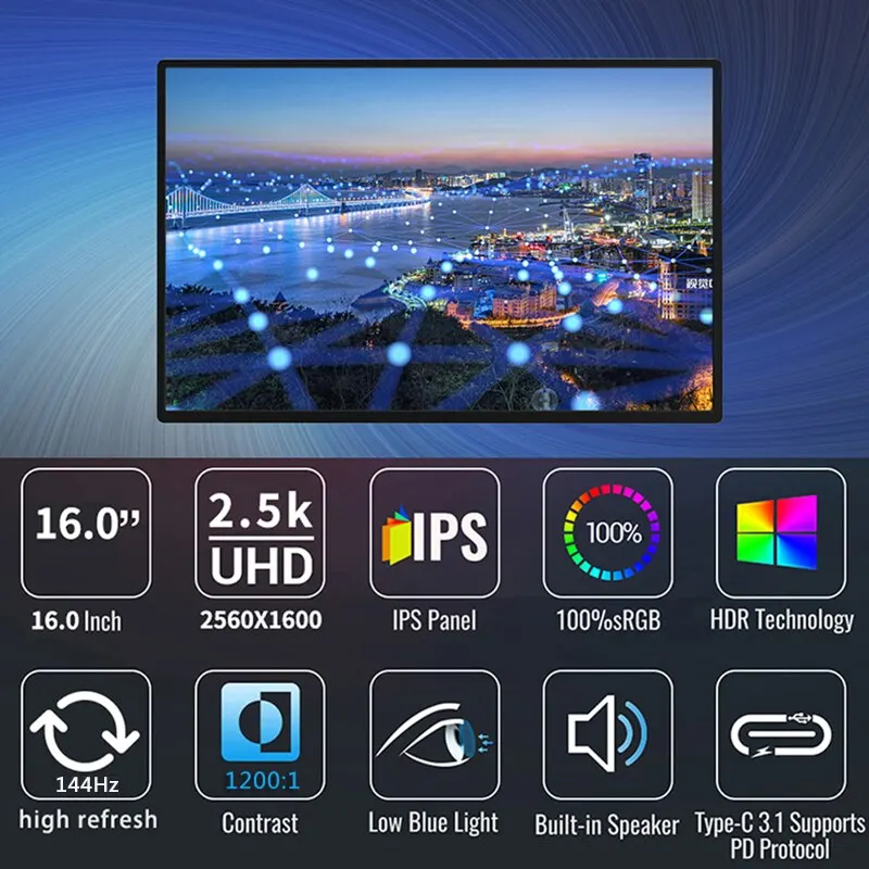 Portable Monitor 2560X1600 16 Inch 2.5K 144Hz 100 Adobe SRGB Display Game Screen For Laptop Mac Phone Xbox PS4/5 Switch