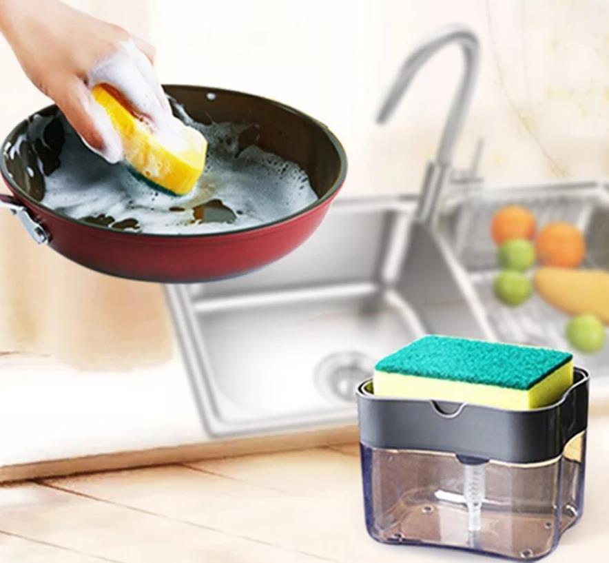 Portable Soap Liquid Dispenser Kitchen Detergent Press Box With Sponge Press Automatic Liquid Dispenser Kitchen Tools