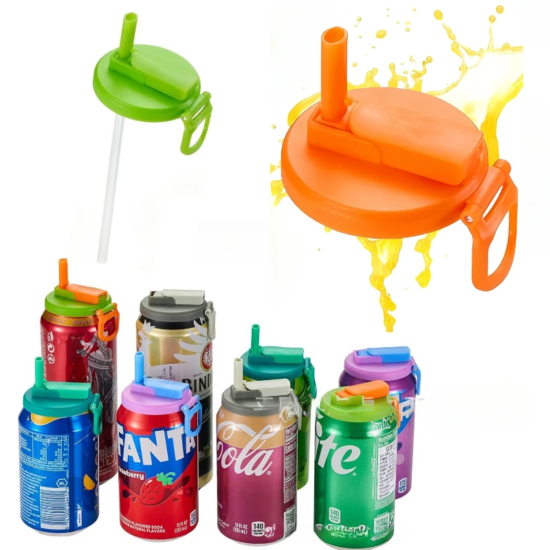 Portable Soda Can Lid and Silicone Straw Soda Can Lid Reusable Suitable For Canned Beverages Beer Juice 1pcs With 2
