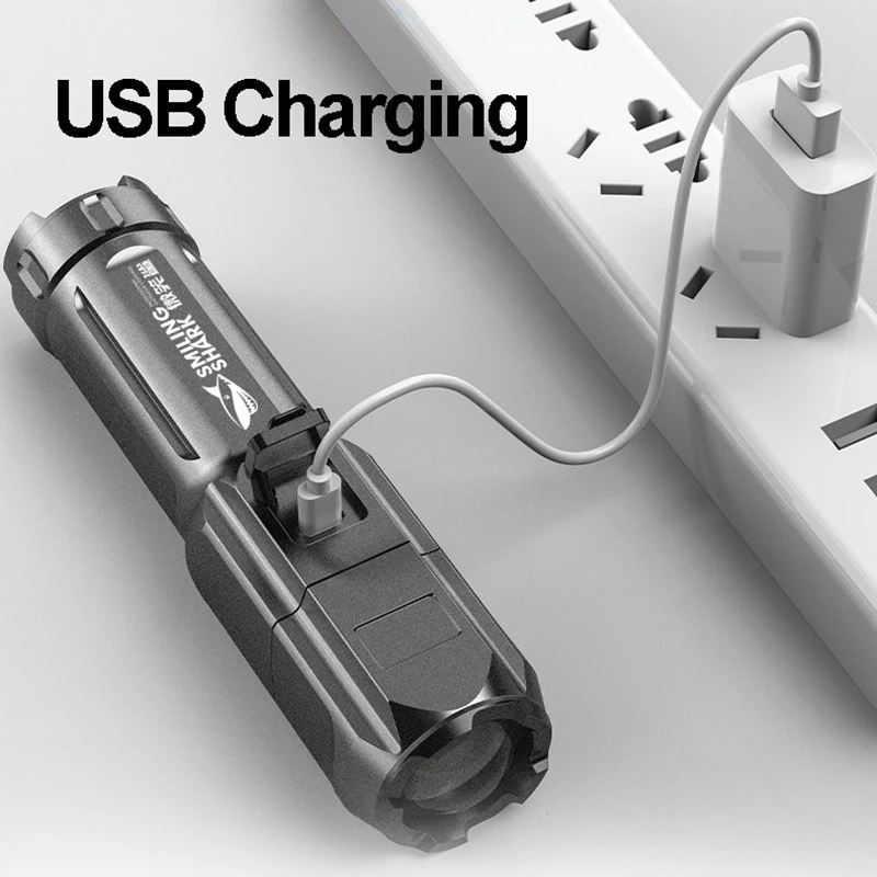 Portable USB Rechargeable Flashlight Strong LED Night Lights Zoom Highlight Light Outdoor Camping Night Fishing