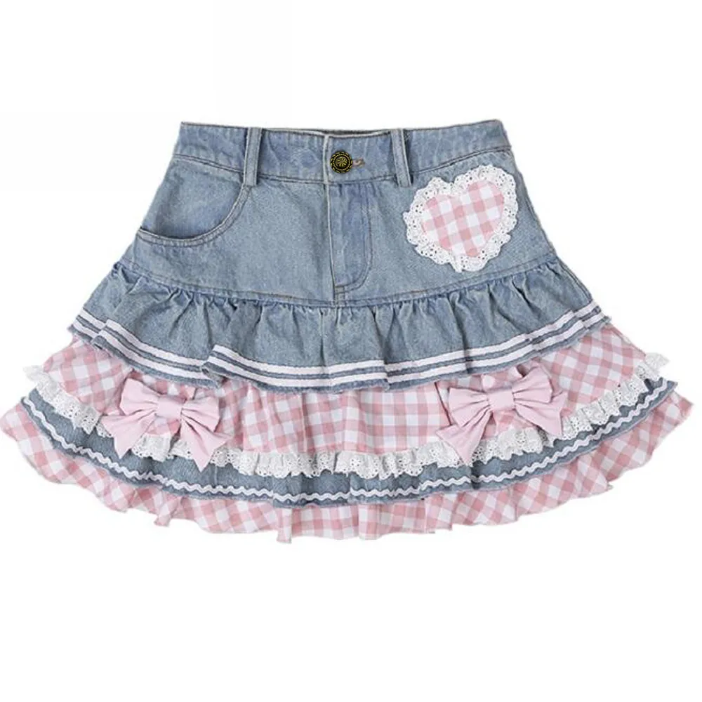 Preppy Style Lolita Kawaii Skirts Japanese Sweet Mini Women Harajuku Cute Ball Gown Denim Skater Y2K High Waist Lace Preppy Style Lolita Kawaii Skirts Japanese Sweet Mini Women Harajuku Cute Ball Gown Denim Skater Y2K High Waist Lace