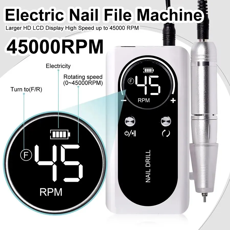 Professional 45000RPM Electric Portable Nail Drill Machine Rechargeable Low Noise Nail Sander File for Manicure Salon