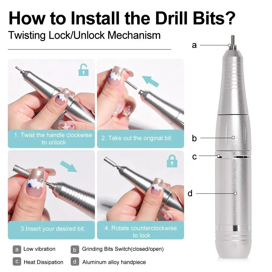 Professional 45000RPM Electric Portable Nail Drill Machine Rechargeable Low Noise Nail Sander File for Manicure Salon