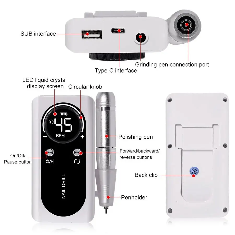 Professional 45000RPM Electric Portable Nail Drill Machine Rechargeable Low Noise Nail Sander File for Manicure Salon