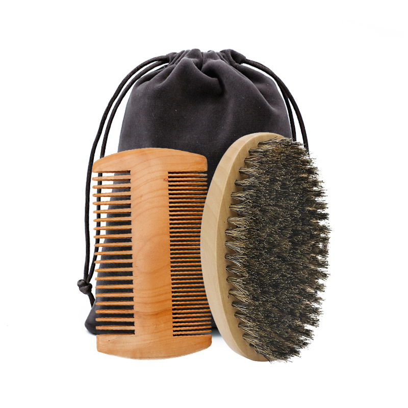 Professional Soft Boar Bristle Wood Beard Brush Hairdresser Shaving Brush Comb Men Mustache Comb Kit With Gift Bag Hair