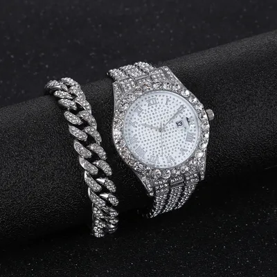 Punk Hip Hop Watch Set Diamond Studded Bracelet Set Mens Watch Set