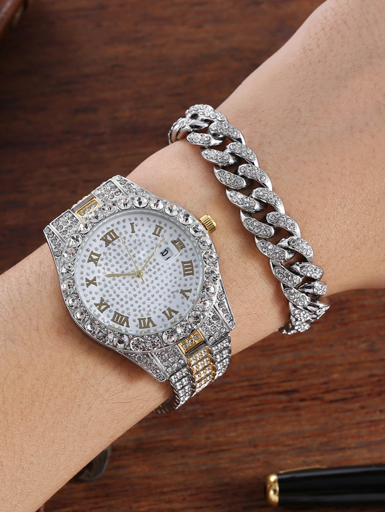 Punk Hip Hop Watch Set Diamond Studded Bracelet Set Mens Watch Set