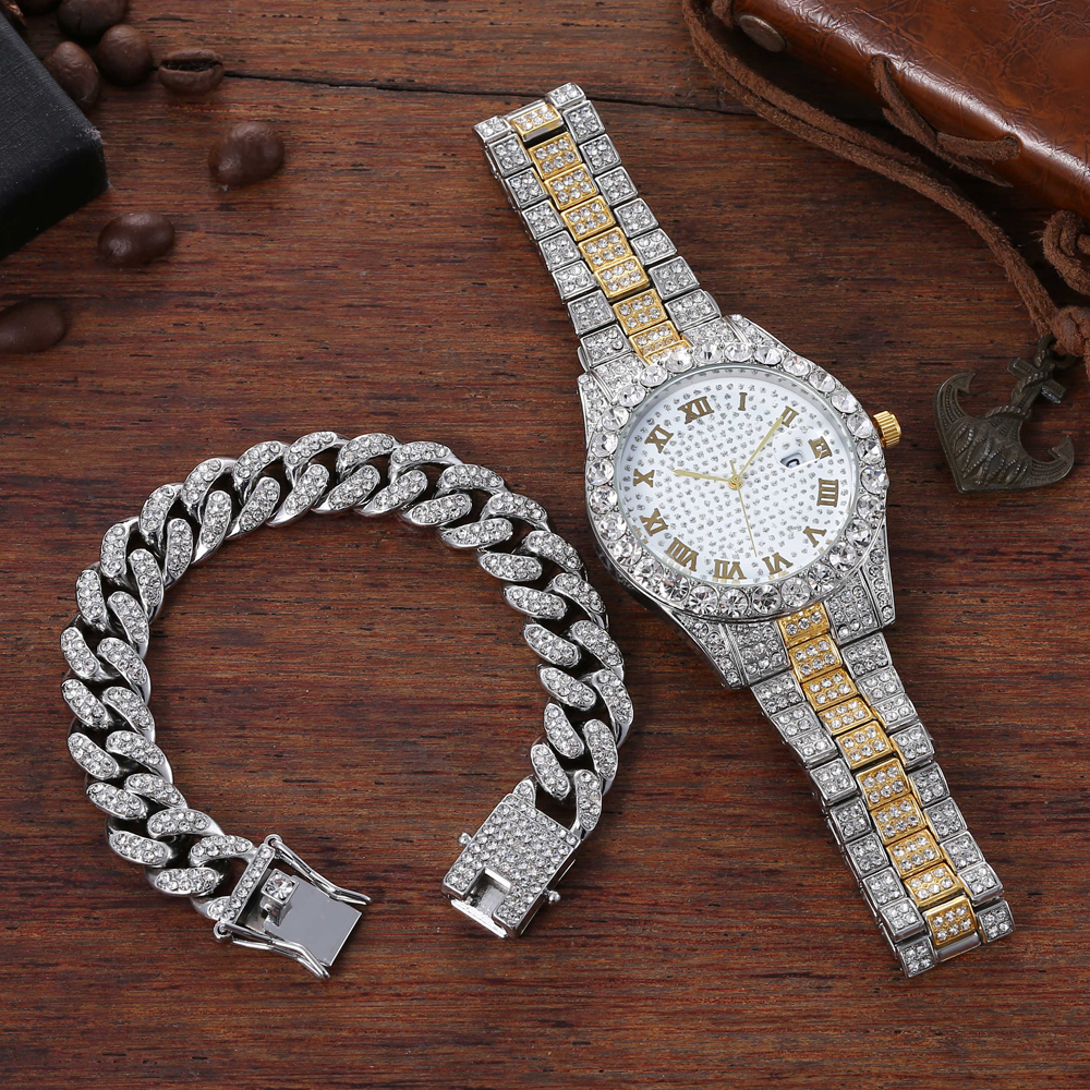 Punk Hip Hop Watch Set Diamond Studded Bracelet Set Mens Watch Set