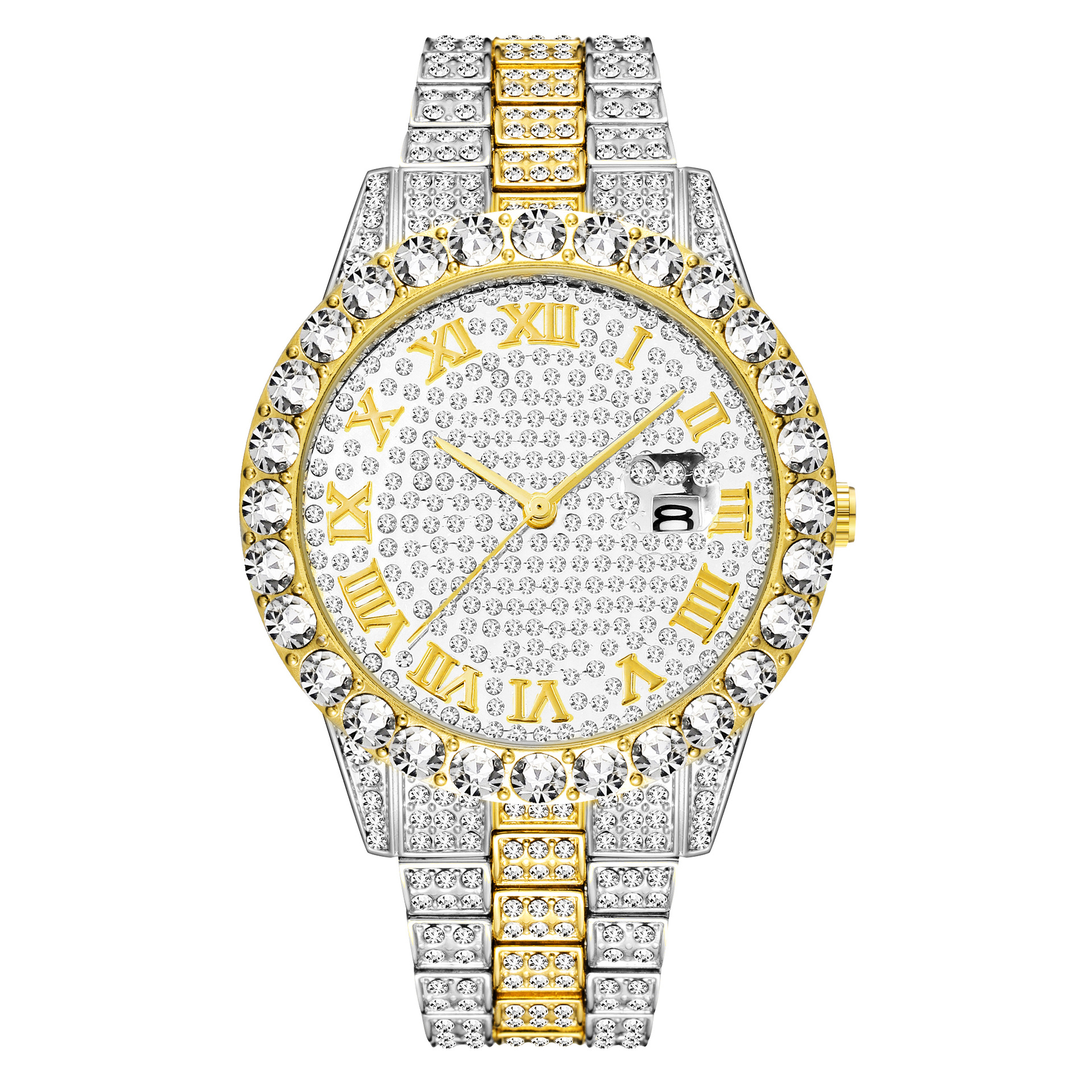 Punk Hip Hop Watch Set Diamond Studded Bracelet Set Mens Watch Set