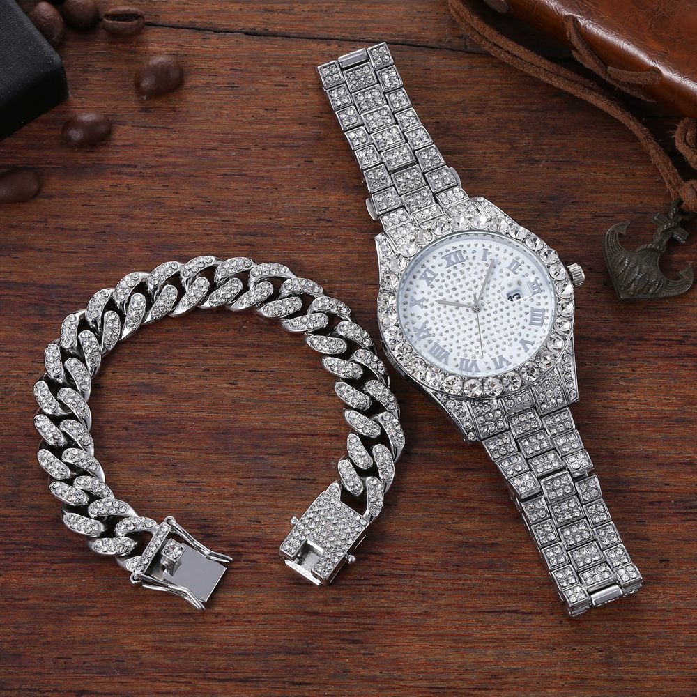 Punk Hip Hop Watch Set Diamond Studded Bracelet Set Mens Watch Set
