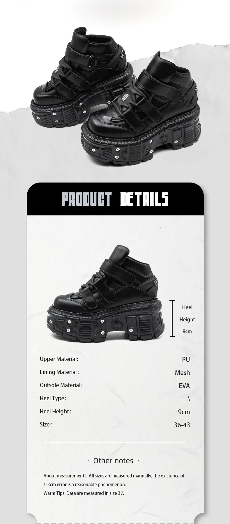 Punk Style Women Shoes Gothic Ankle Rock Boots Lace-up Heel Height 9CM Platform Shoes Woman Metal Decor Woman Sneakers