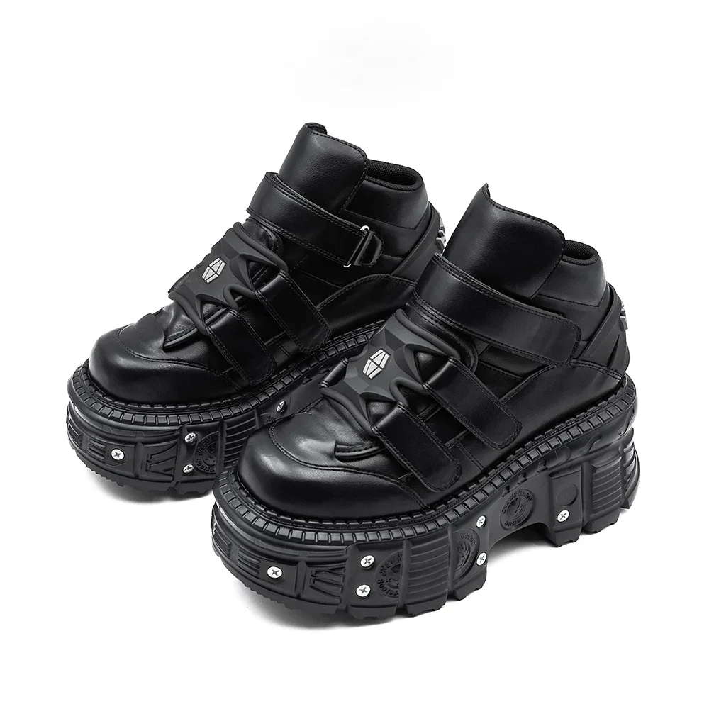 Punk Style Women Shoes Gothic Ankle Rock Boots Lace-up Heel Height 9CM Platform Shoes Woman Metal Decor Woman Sneakers