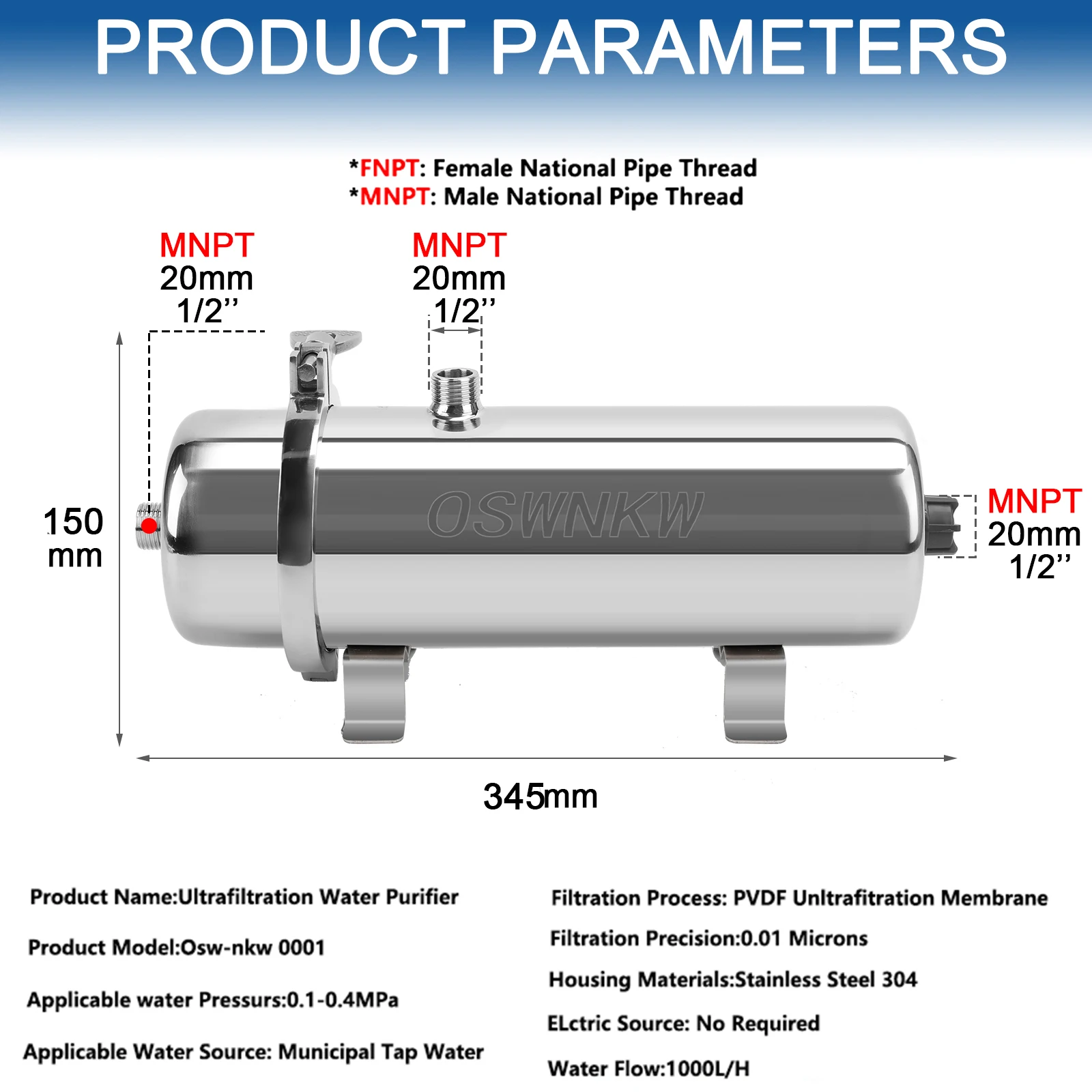 PVDF Water Purifier Whole House Ultration Water Filter 0.01um Filters 1000L/H SUS304 Drinkable Water Lasts Exceed 5