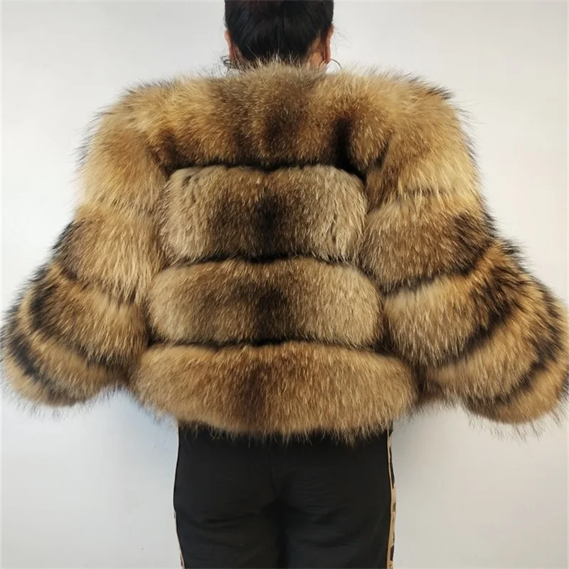 Real Raccoon Fur Coat Women Winter Long Sleeve Natural Luxury Jackets Thick Top