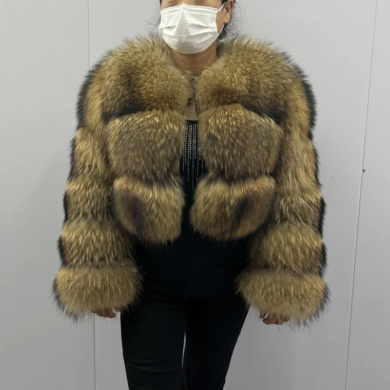 Real Raccoon Fur Coat Women Winter Long Sleeve Natural Luxury Jackets Thick Top