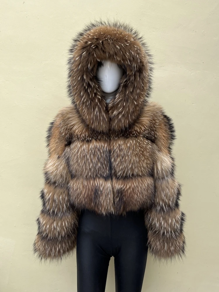 Real Raccoon Fur Coat Women Winter Long Sleeve Natural Luxury Jackets Thick Top