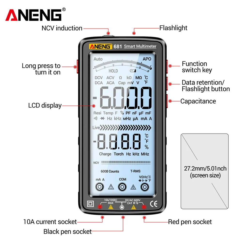 Rechargable Digital Professional Multimeter Non-contact Voltage Tester AC/DC Voltage Meter LCD Screen Current Tester