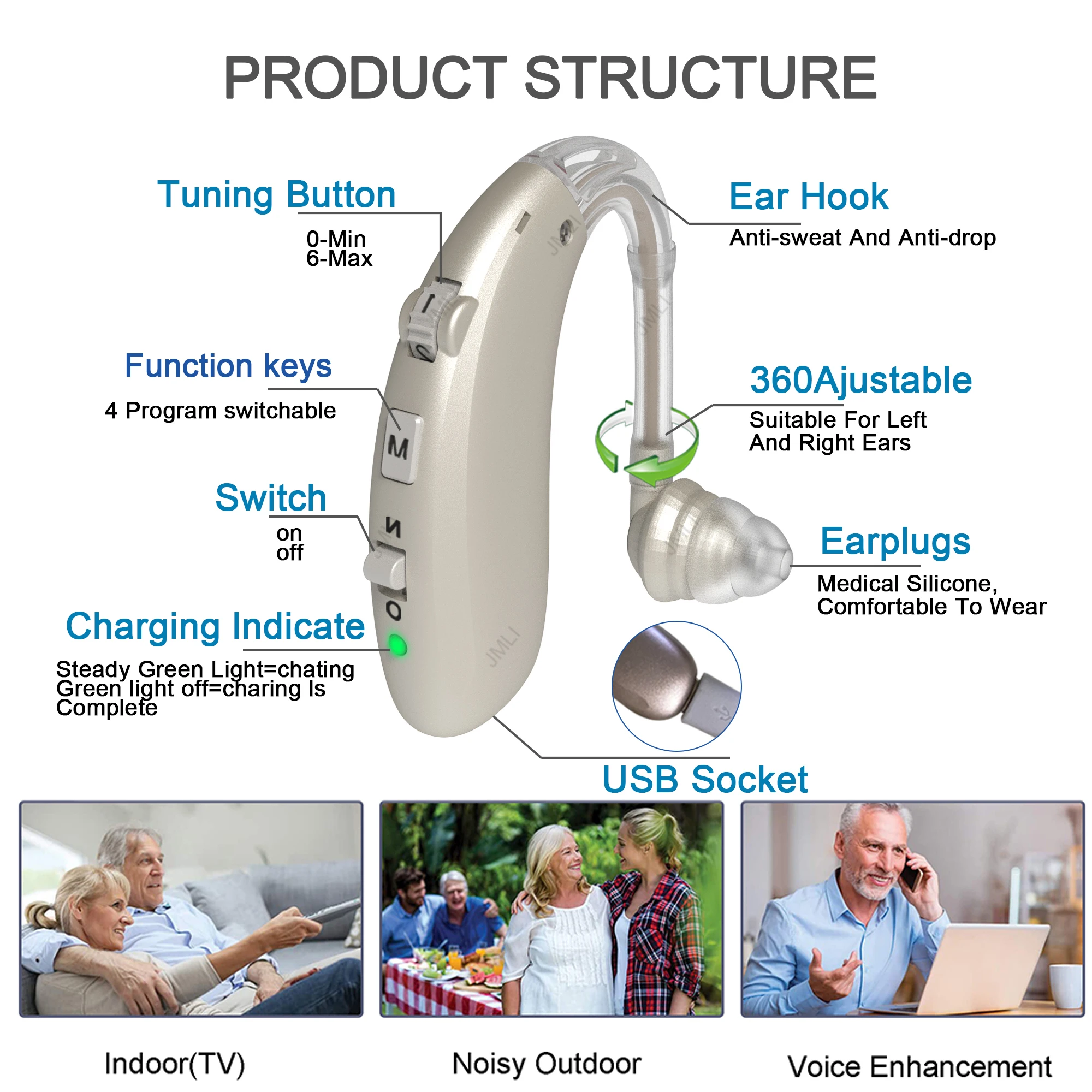 Rechargeable Digital Hearing Aid Adjustable Tone Best Sound Amplifier Portable Deaf Elderly BTE Hearing Aids