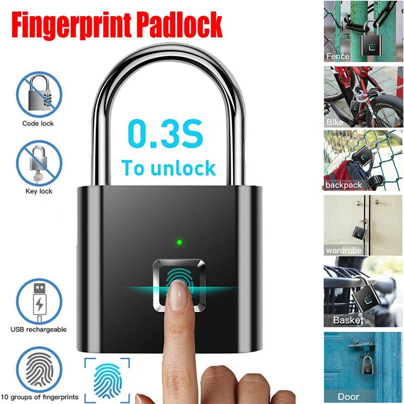Rechargeable Fingerprint Lock Keyless Waterproof Anti-Theft Smart Lock Fingerprint Padlock Zinc Alloy Intelligent