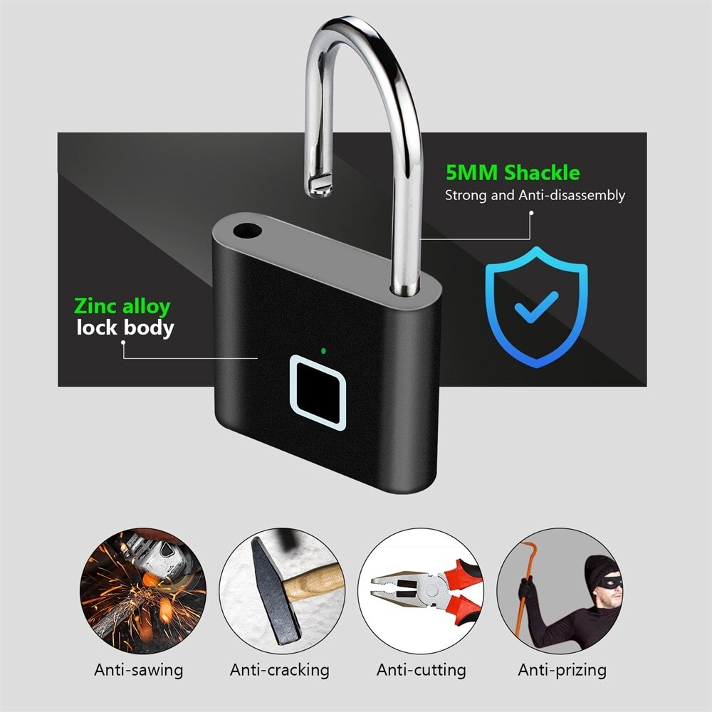 Rechargeable Fingerprint Lock Keyless Waterproof Anti-Theft Smart Lock Fingerprint Padlock Zinc Alloy Intelligent