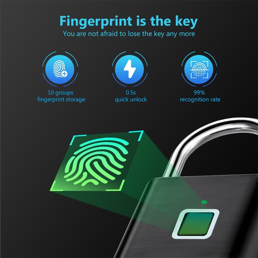 Rechargeable Fingerprint Lock Keyless Waterproof Anti-Theft Smart Lock Fingerprint Padlock Zinc Alloy Intelligent