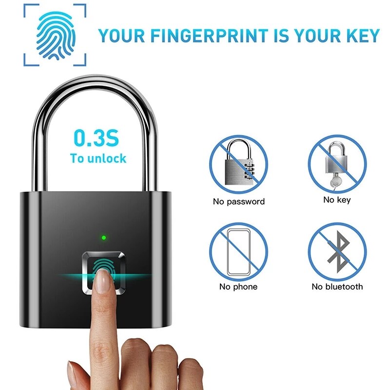 Rechargeable Fingerprint Lock Keyless Waterproof Anti-Theft Smart Lock Fingerprint Padlock Zinc Alloy Intelligent