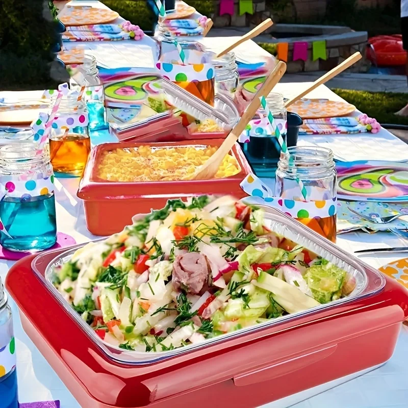 Rectangular Insulated Food Storage Container with Tin Foil Lining – Reusable,Flip-Top Plastic Tray for Lasagna,BBQ and